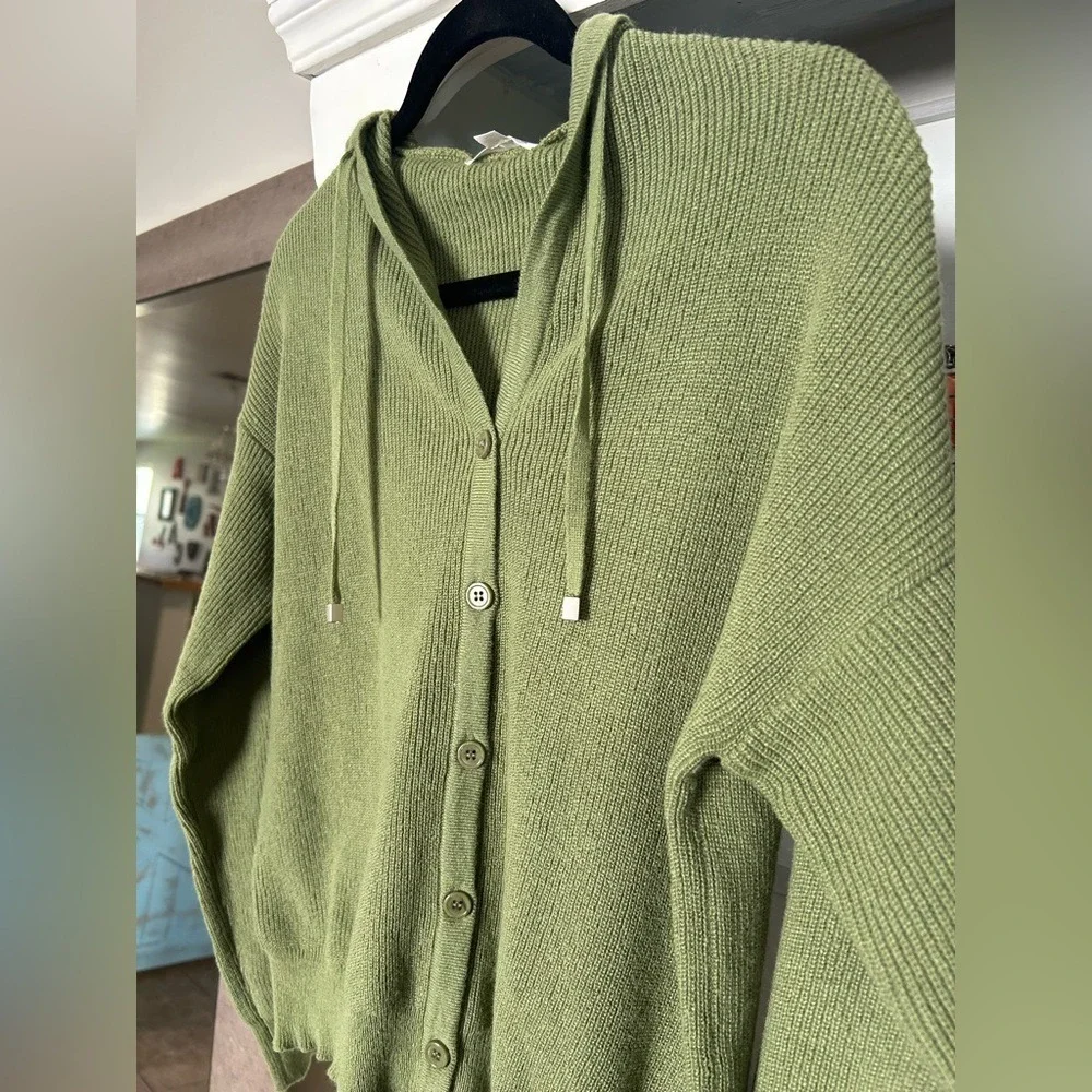 Heimish Sage Green Hooded Rib Knit Cardigan Sweater Olive Green Small - Picture 2 of 3